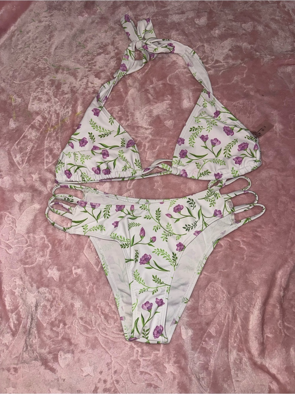 Floral White & Purple Tie-Halter Bikini Set